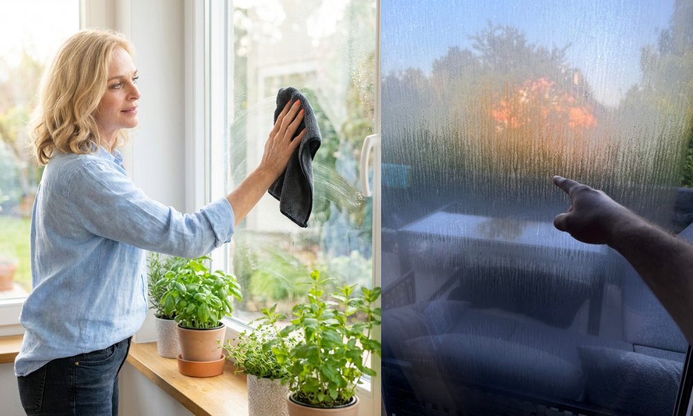 Frau putzt Fenster mit WaterJake Fresh Hardware Tuch – Vorher Nachher Vergleich streifenfrei