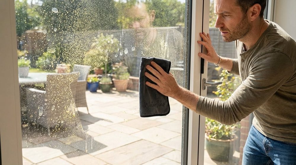 WaterJake Fresh Hardware Ultra-Wipes beim Fensterputzen – streifenfreies Ergebnis
